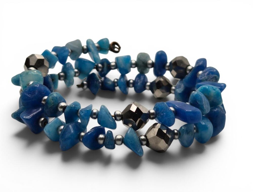 Blue Stone Chip Wrap Bracelet Hematite Beads Boho Artisan Jewelry